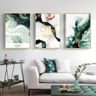 Абстрактная Картина на холсте с зеленым агатом, постеры и принты с золотыми листьями в скандинавском стиле, настенные картины для гостиной, Современный домашний декор