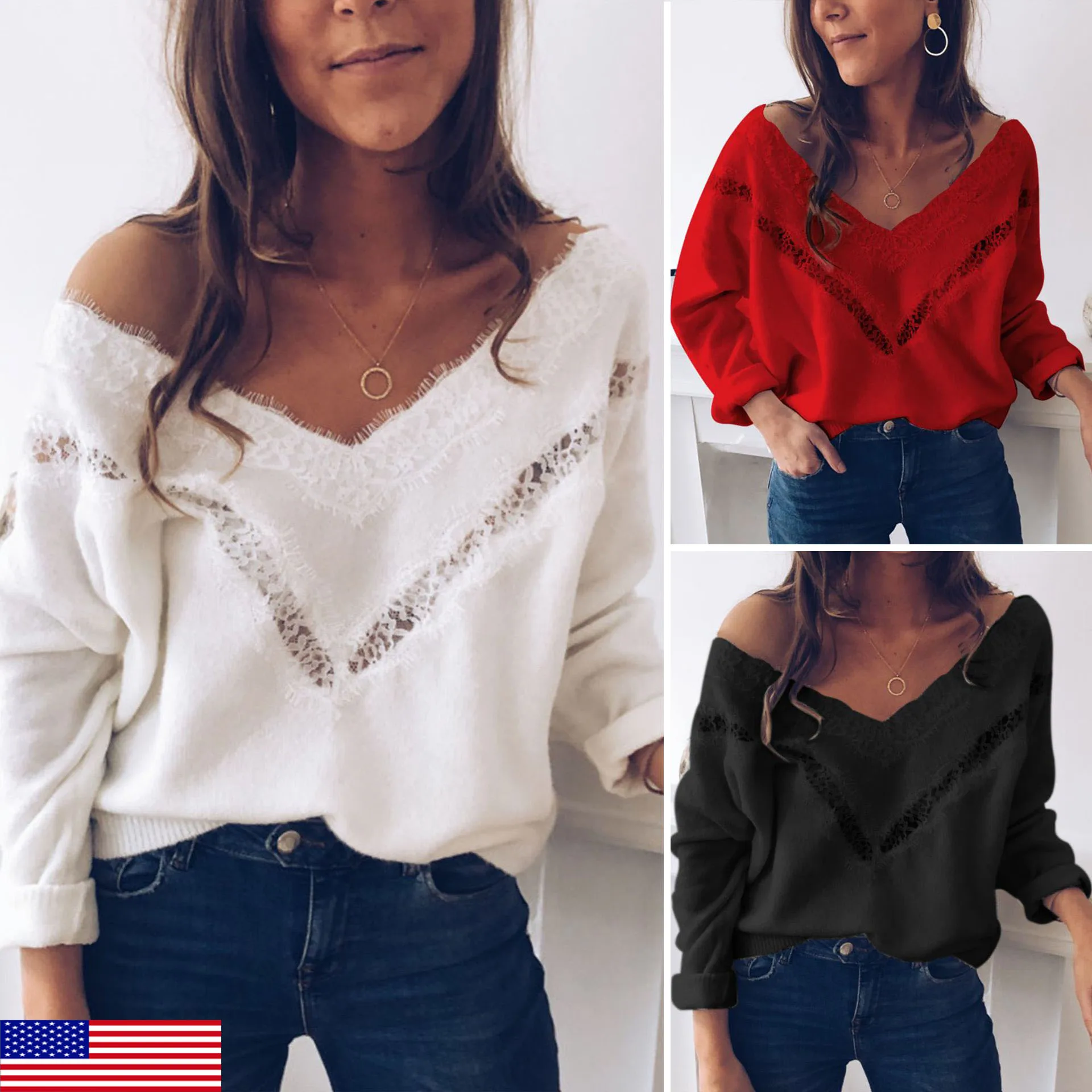 Hot Sale Fall Tops Women Sexy Low Cut Lace Patchwork White Long Sleve Women Blouse Sexy Tops and Blouse
