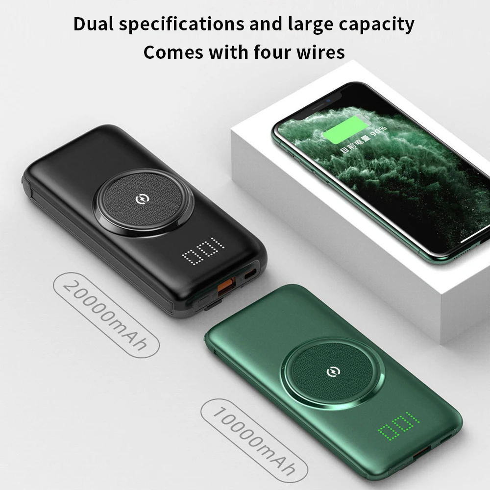 

20000mAh mobile power Qi wireless charger built-in 4 USB cables for Xiaomi iPhone Huawei OnePlus portable phone external battery