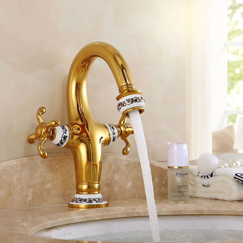 

Золотистый смеситель в европейском стиле, раковина для ванной комнаты с одним отверстием, полностью медный античный сине-белый фарфор для в...