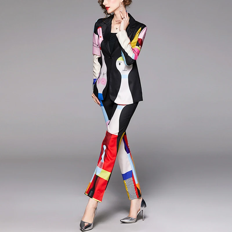 Zpqowv Дизайнерский Костюм с принтом Осенний черный длинный рукав мультяшный