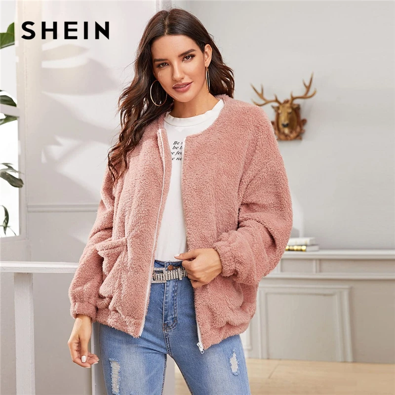 SHEIN розовая однотонная повседневная куртка на молнии спереди, пальто, женская зимняя уличная одежда, длинный рукав, двойной карман, женская верхняя одежда