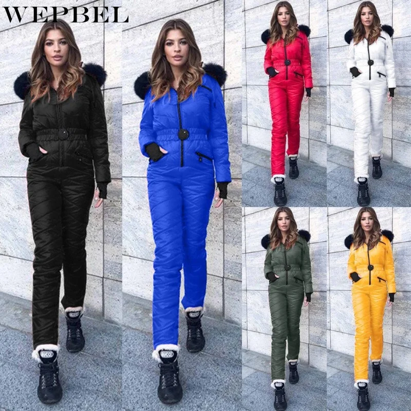 

WEPBEL Women's Winter Hooded Parka Straight Padded Thick Zipper Ski Suit Onesies Snowsuit Outdoor Sports Waterproof Jumpsuit