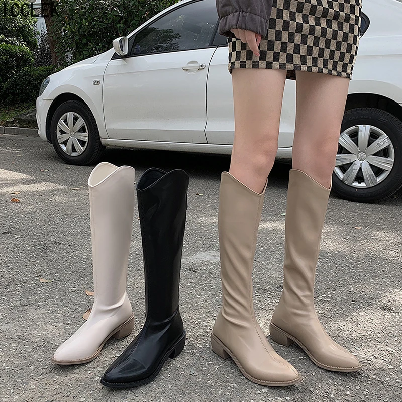 

Женские облегающие сапоги до колена, привлекательные зимние бежевые сапоги на молнии, кожаные высокие сапоги В рыцарском стиле, 2021