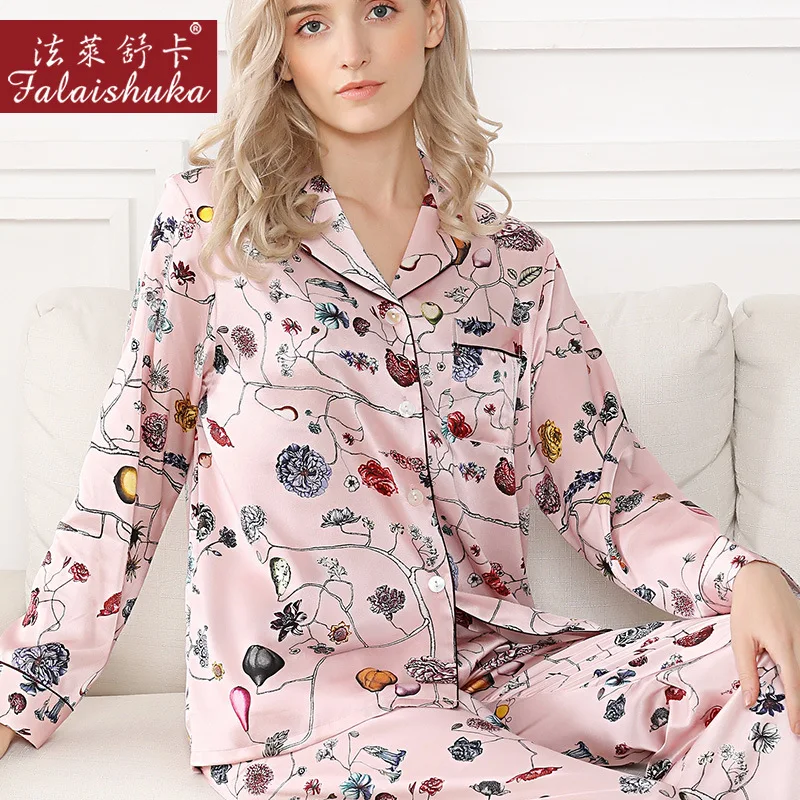 Lady Silk Stain Pajamas Floral Print High Quality 2020 Silk Homewears Spring Summer Full Sleeve Sleepwear Pajamas Sets Female