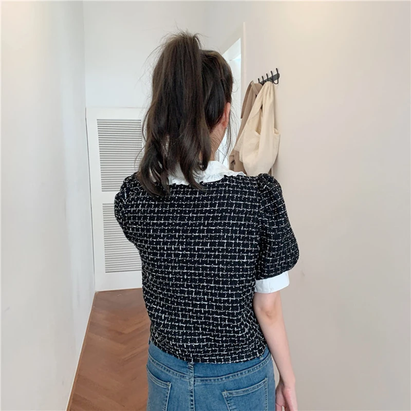 Элегантная клетчатая блузка для женщин короткий рукав укороченный топ