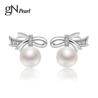 gn pearl bowknot pearl earrings white freshwater pearl 925 sterling silver push back stud earrings zirconia fine jewelry 5 6mm