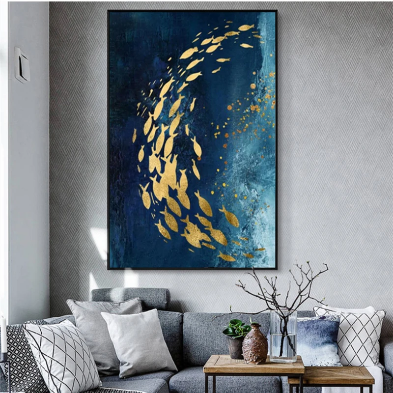 

Модульная Картина на холсте ослепительные цвета синий океан Золотой рыбка Гостиная Декор стена фотография спальня домашний декор
