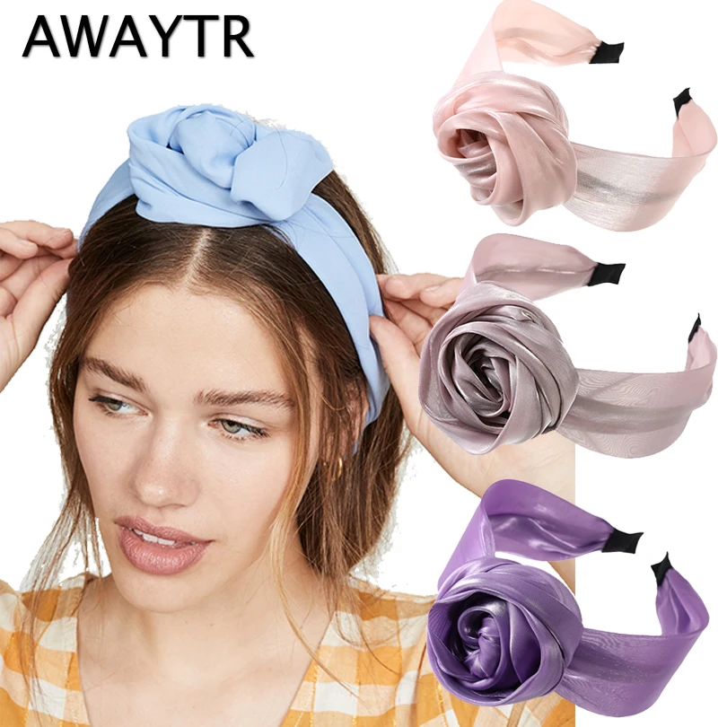 

AWAYTR Women Gauze Headdress Bright Silk Rose Flower Hair Bands Solid Color Bezel Headwear Wide Headband Hair Accessories