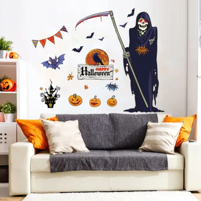 

Halloween pumpkin bat girl ghost wall stickers cartoon children's haunted house 3d stereo glass stickers scene layout