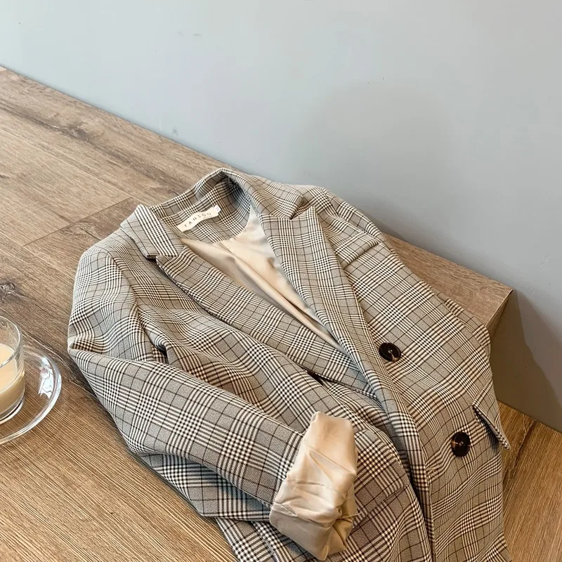 

ZCSMLL 2021 Autumn Korean Retro Plaid Suit Jacket Female Loose Casual Blazer Ol Women Blazers Double Breasted Coat