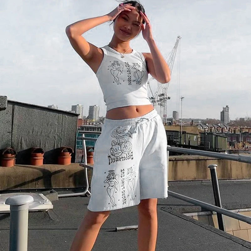 

Women Clothing Jogger Shorts Set Printed Outfits Cool Shorts 2 Pieces Tracksuit Loose Sport Suits Casual Sweatpants 2021 Summer