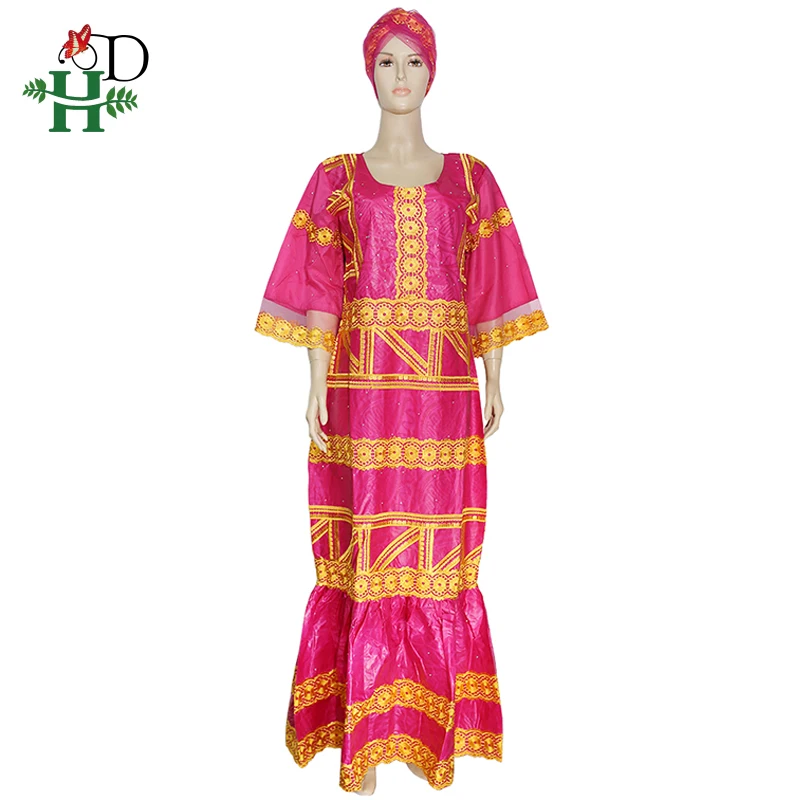Rose red H& D размера плюс Дашики платья африканские платья для женщин с оборками Базен riche традиционное длинное платье женская одежда головной убор - Цвет: Rose red