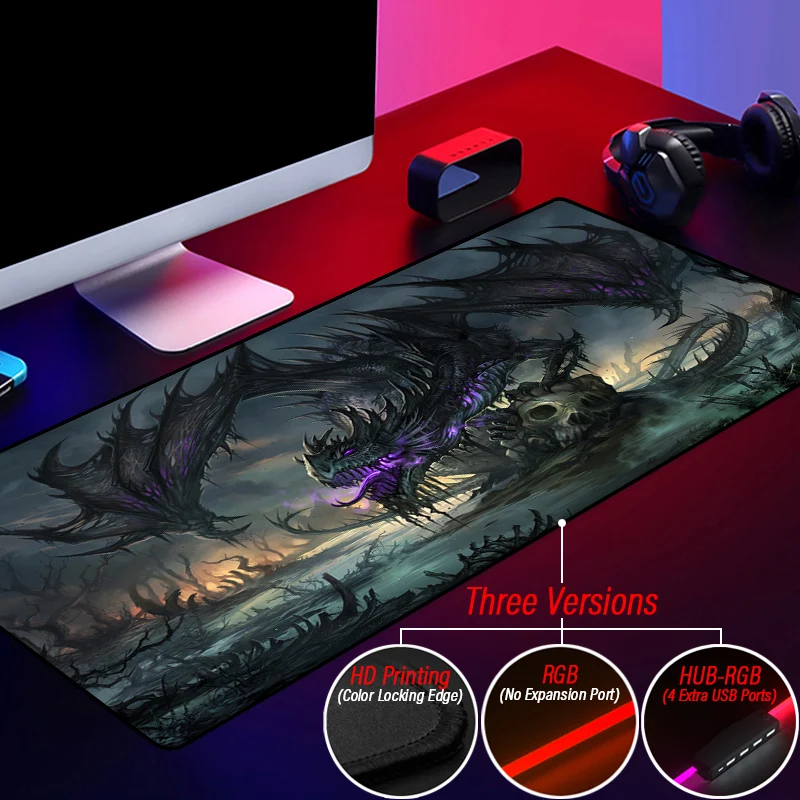 

RGB коврик для игровой мыши с изображением злого дракона, размер XXL, персонализированный светящийся коврик для мыши, черный динозавр, концент...