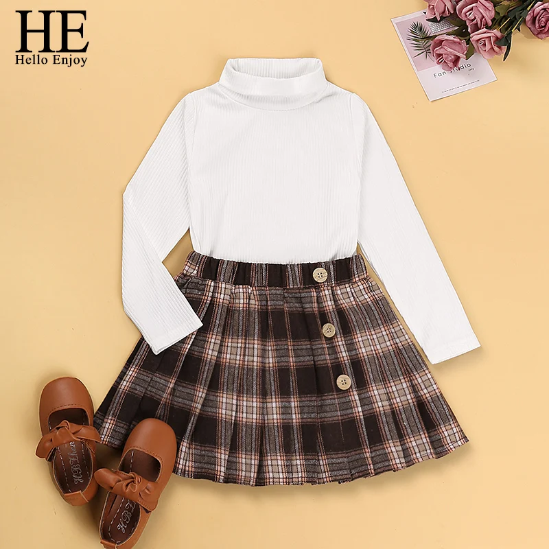 

HE Hello Enjoy/комплект детской одежды для девочек, модный Детский костюм, однотонный пуловер с высоким воротником и длинными рукавами, Топы + юбка...