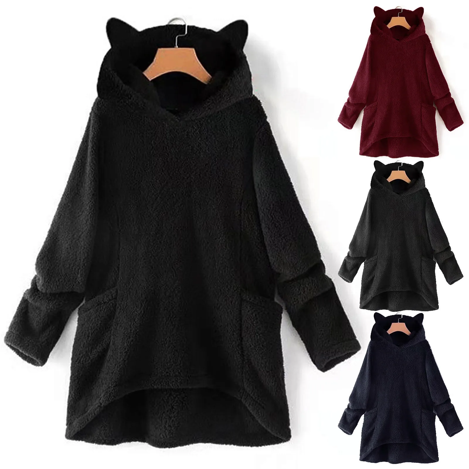 

Пушистые толстовки, Женский свитшот, милая шапка с ушками медведя, теплый пуловер на осень и зиму, верхняя одежда с длинным рукавом, флисовое...