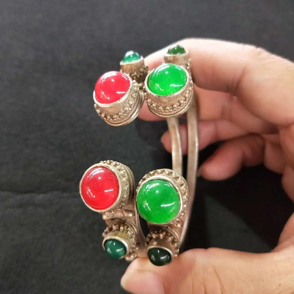 Античный красный и зеленый рубиновый нефритовый двойной дракон тибетский