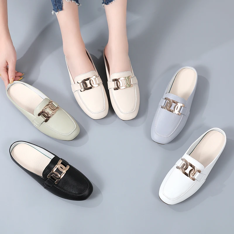 

New Women's Casual Shoes Large Size 35-40 Summer Metal Buckle Half Support Leather Single Shoes for Women Work Leather Shoes *