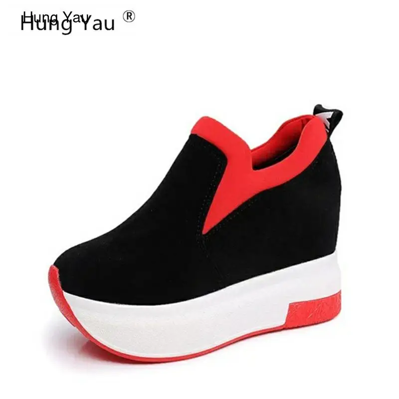 

Hung Yau Wedges Canvas Shoes Sneaker Woman Platform Vulcanized Black Shoes Hidden Heel Height Increasing Casual Shoes Size 35-39