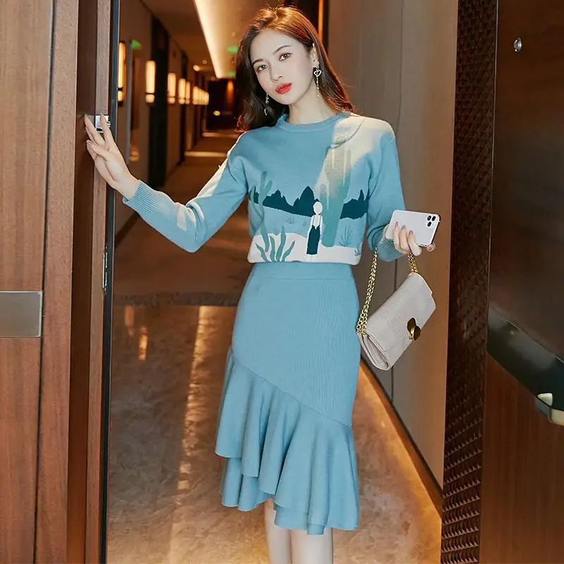 Женский трикотажный костюм с принтом свободный свитер длинным рукавом и