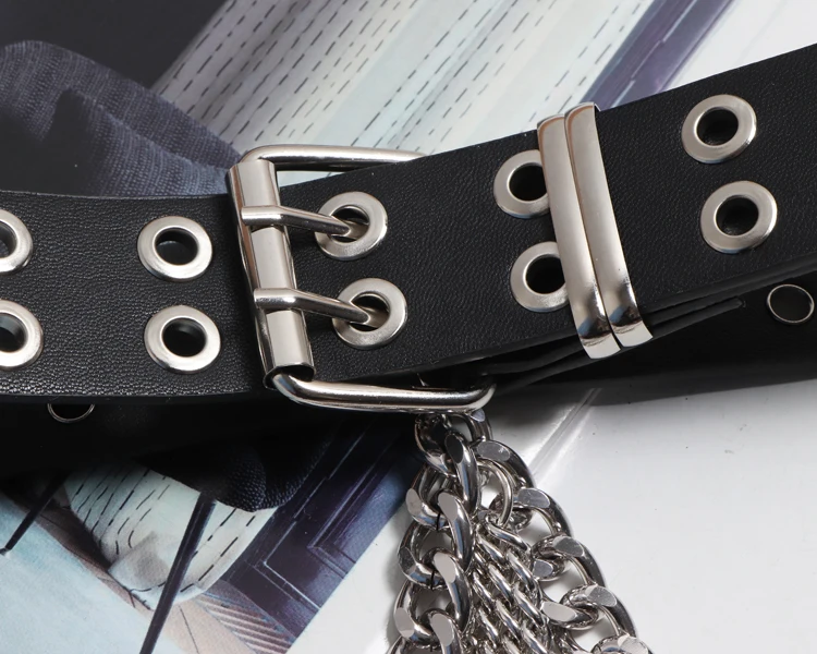 

2020 Black PU PUnk Waist Belt WIth Chain Double Layers Buckle PIns Hollow Out Waistband Adult unisex Metal Alloy Pant Waist Belt