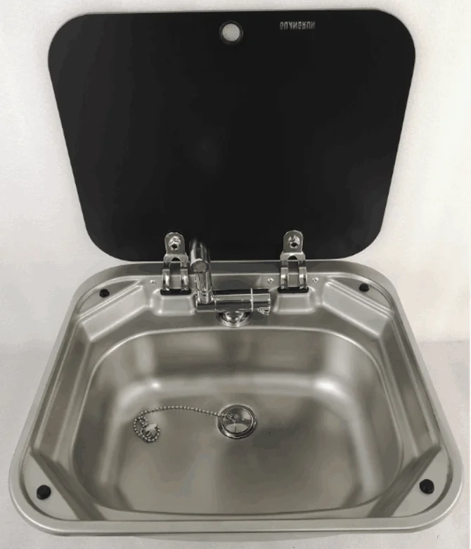 With Faucet Лодка RV караван из нержавеющей стали раковина для умывальника с крышкой из закаленного стекла 420*370*145 мм GR-586 - Цвет: With Faucet