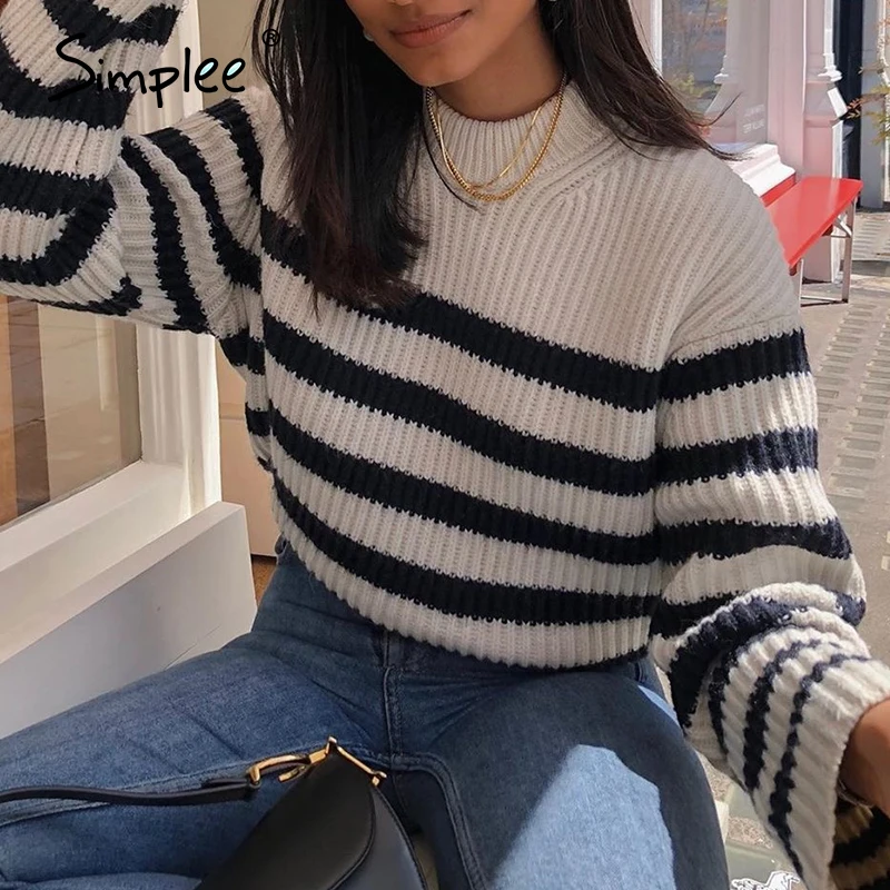 Simplee Fashion black white striped sweater Crew neck loose Long sleeve winter Pullover Casual home style Knitted sweaters 2020 | Женская