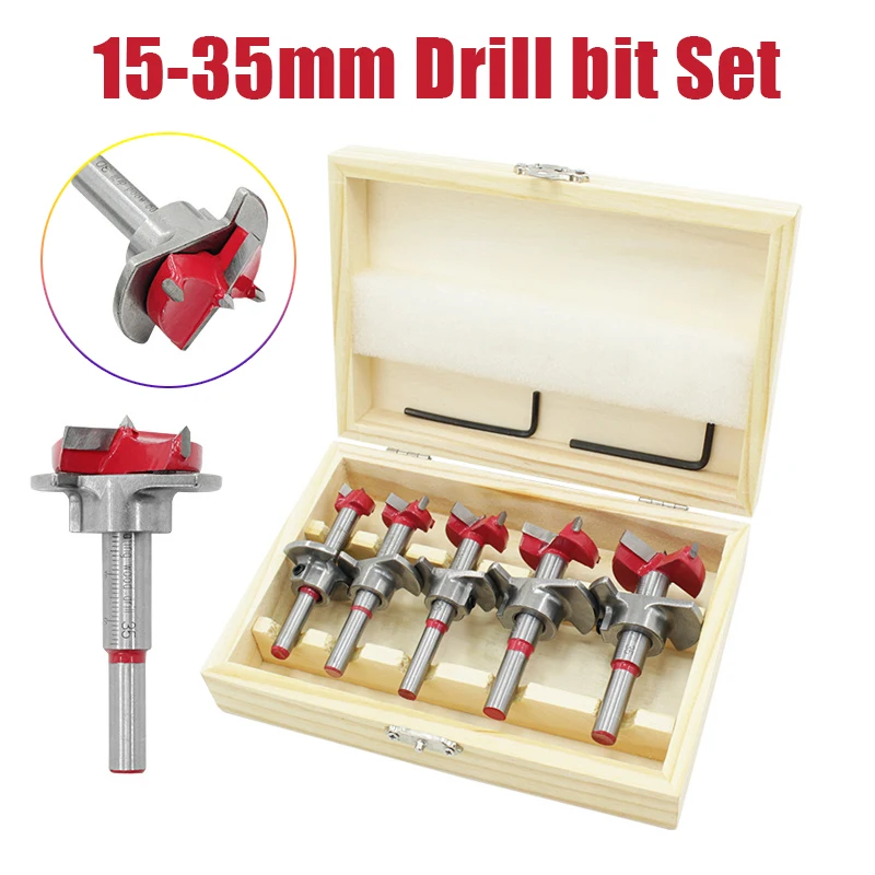 5pcs Diameter 15-35mm Adjustable Carbide Drill Bit Set Hinge Hole Opener Boring Bit Tipped Drilling Tool Woodworking Cutter