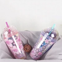 creative summer ice cream sequins double layer plastic straw cups gifts cups straps reusable with lid clear bottle straw