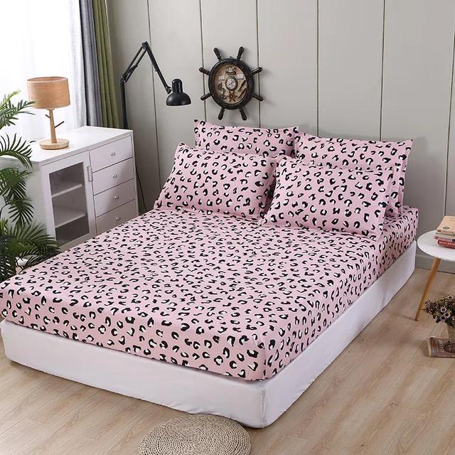 Pink leopard design bed linen Fitted Sheets sabanas Mattress Cover With Elastic Microfiber 120*200*30 150*200*230cm  180*200*30