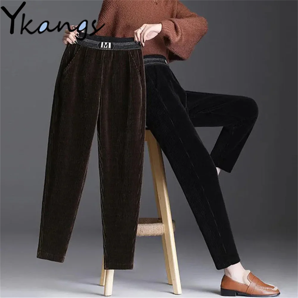 

Вельветовые женские шаровары свободные однотонные женские брюки с высокой талией в Корейском стиле новые зимние теплые плотные прямые брю...
