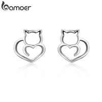 bamoer hot sale authentic 925 sterling silver cute cat small stud earrings for women fashion sterling silver jewelry sce271