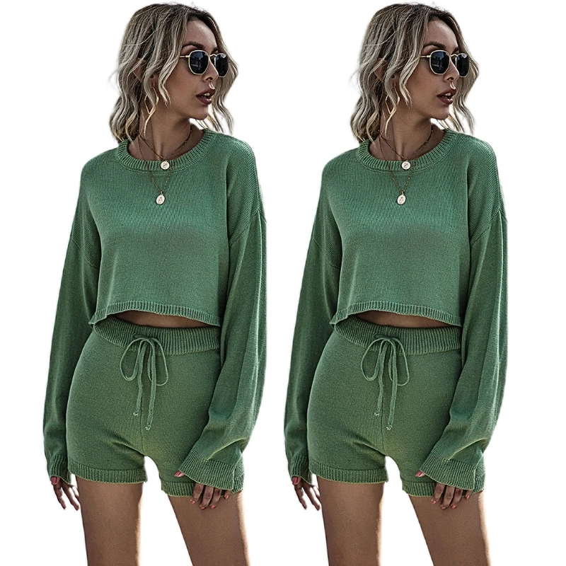 

Women Two Piece Outfits Set Knitted Sweater Long Sleeves Pullover Tops Drawstring Shorts Suit