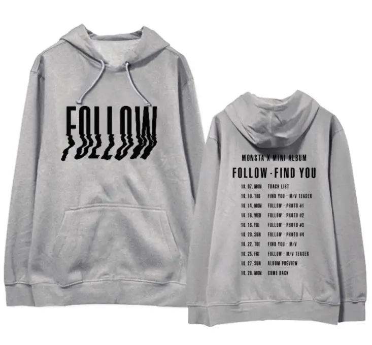 

Monsta X album follow same printing pullover loose hoodies kpop unisex fashion fleece/thin sweatshirt 4 colors