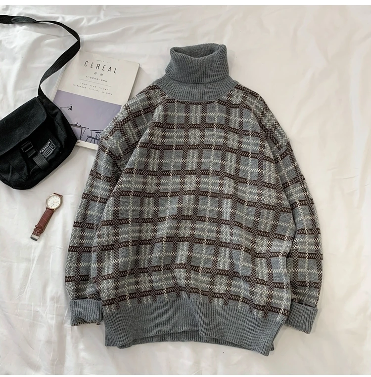 Winter Turtleneck Sweater Men's Warm Fashion Casual Retro Knit Pullover Men Streetwear Plaid Sweater Male Sweter Clothes