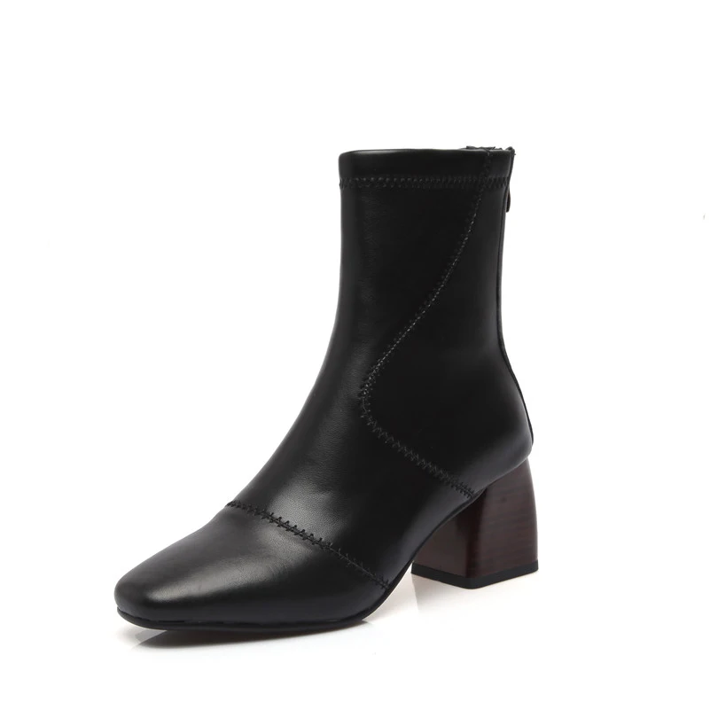 

ANNYMOLI Natural Genuine Leather Woman Boots High Heel Ankle Boots Block Heel Short Boots Zip Round Toe Female Shoes Big Size 43