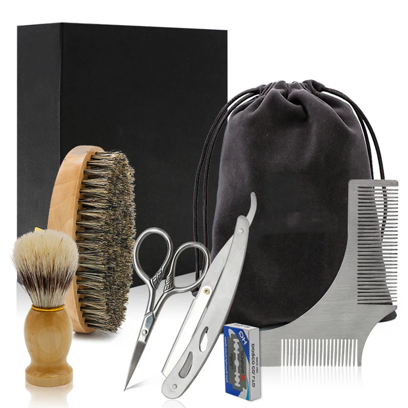 

Beard Grooming Kit 5pcs Trimming Shaving brush Comb Beard Set Mustache Scissors Straight Razor Shaping Shave Brush Tools