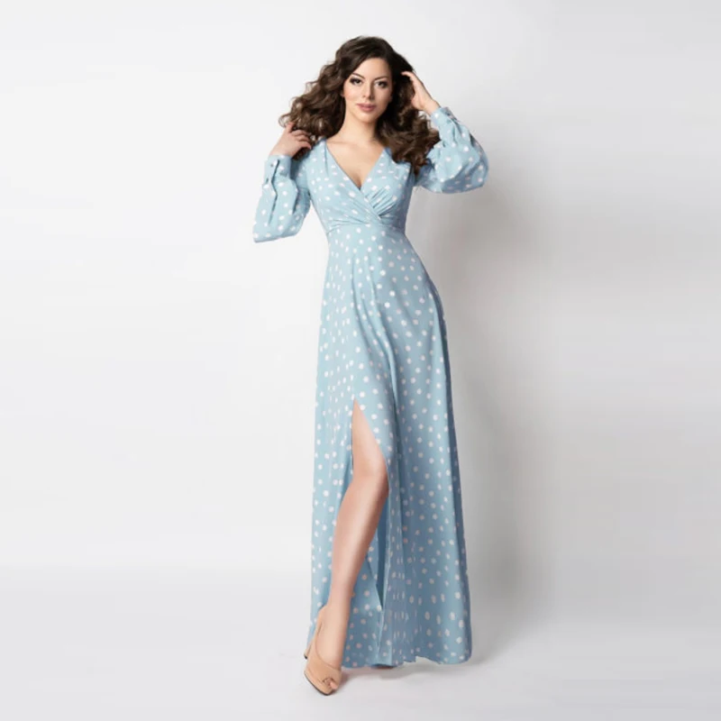 

Длинное платье в горошек Dabourfeel, женское богемное платье-трапеция с глубоким V-образным вырезом, длинным рукавом и Боковым Разрезом, повседне...