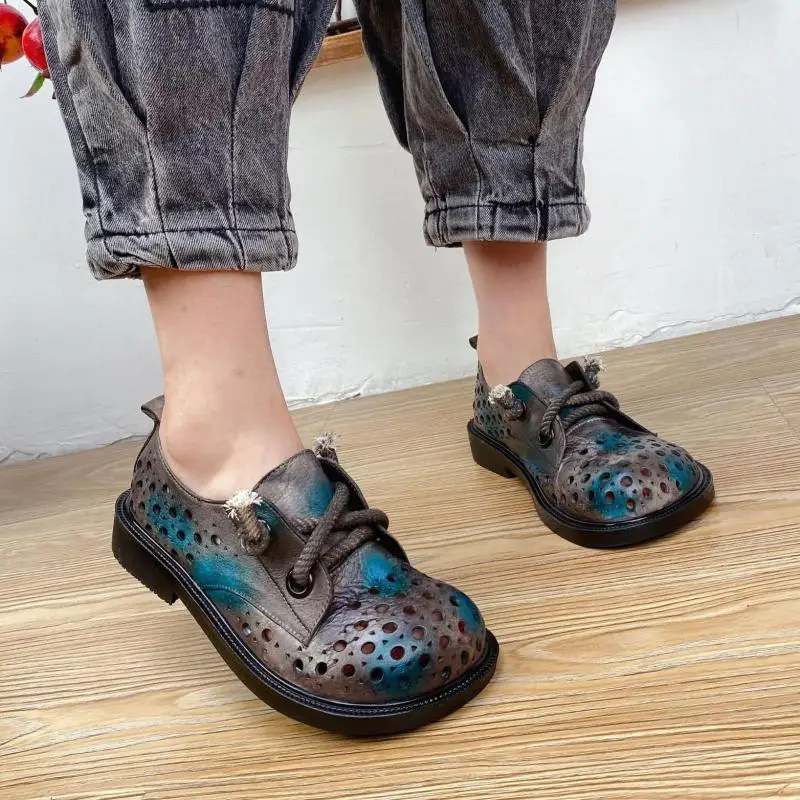 

Retro Women Sandals Summer Shoes 2021 Mixed Colors Lace-Up Genuine Leather Hollow Handmade Leisure Platform Sandalias De Mujer