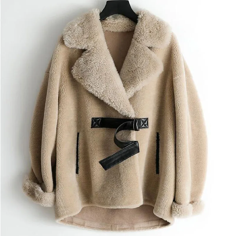 

Winter Women'S Fashion Wool Fur Coat New Granular Bronzing Suede Warm Ladies Sheep Shearing Outerwear With Belt
