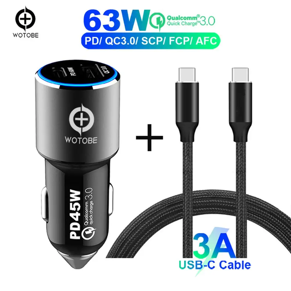 Charger And Cable USB C TYPE-C PD 45 Вт автомобиля зарядное устройство Быстрая зарядка 3,0 18 63 Мощность ноутбук адаптеры питания с USB для iPhone X/8/8 плюс samsung - Цвет: Charger And Cable