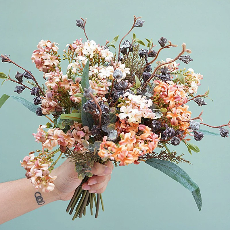Flores de seda artificiales de estilo nórdico, decoración de fiesta en casa, arreglo de salón, ramo de novia artesanal, hierba seca, flor falsa
