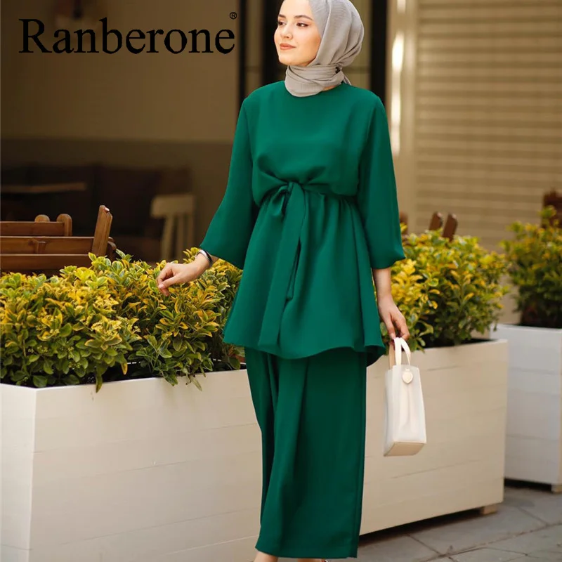 Ranberone Muslim Women Arab Suit Fashion Long Sleeve Tops Wide Leg Pants Islamic Two Piece Set Outfits Female Blouses Women Sets