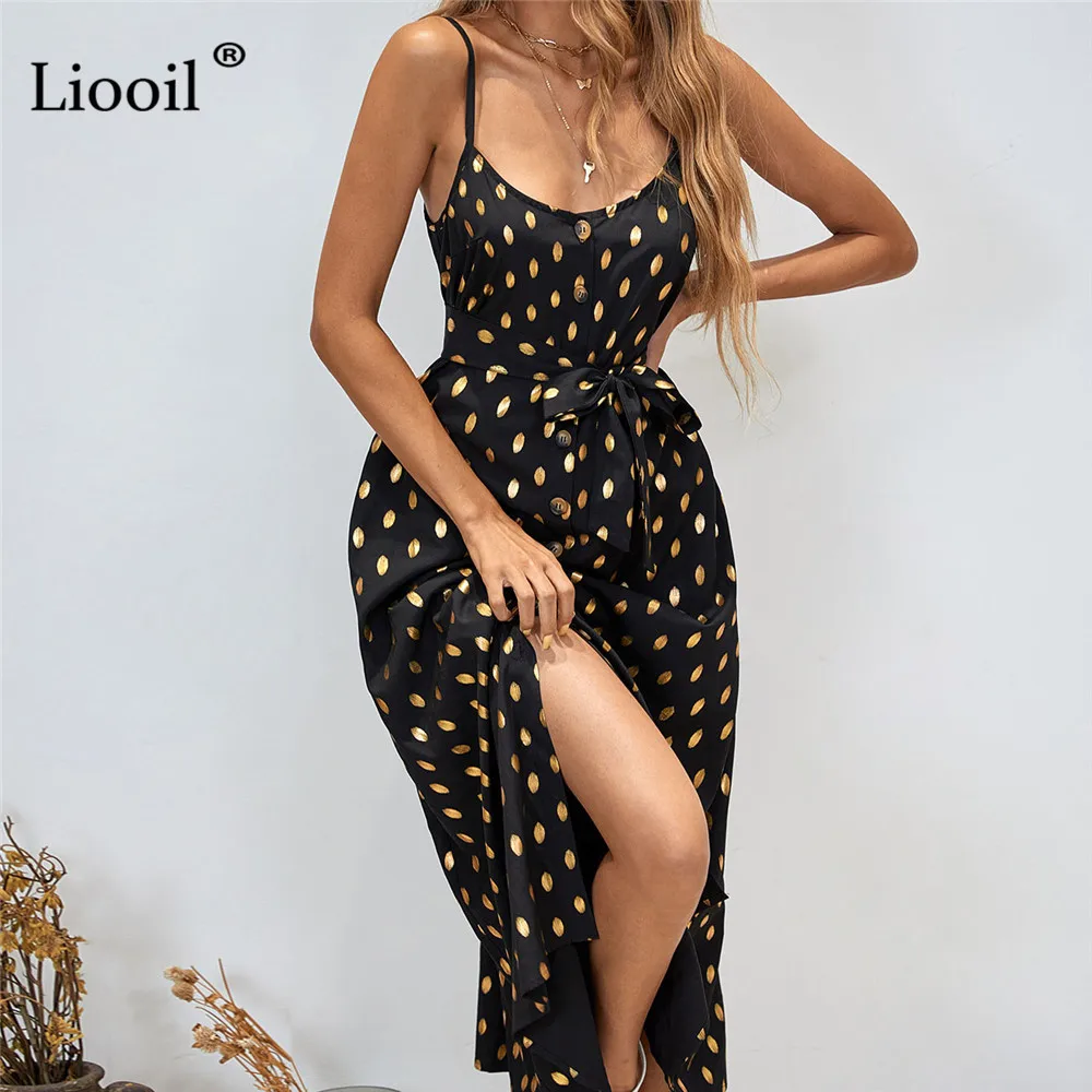 

Liooil Polka Dot Maxi Slit Dress With Button Bandage Sexy Spaghetti Strap Dress Women Party Birthday Vacation Summer Sundresses