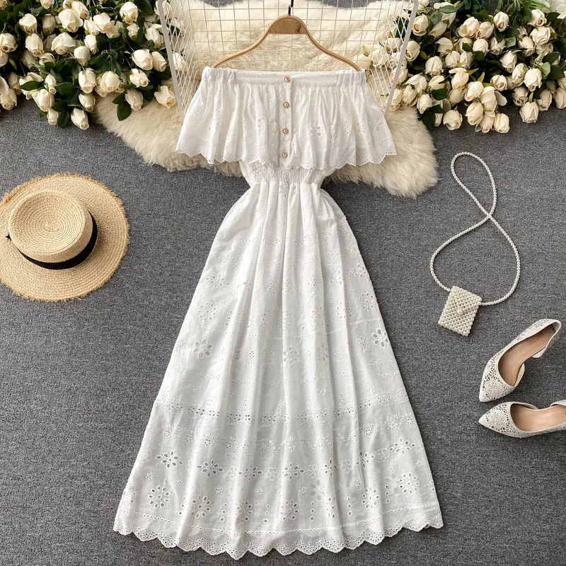 

FMFSSOM Cascading Ruffle Slash Neck Long Dress 2022 Summer Casual Butterfly Sleeve Dresses for Women Party White