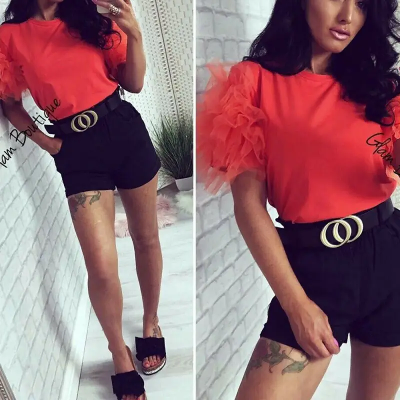 Модные Женские однотонные кружевные блузки с круглым вырезом свободные тюлевые