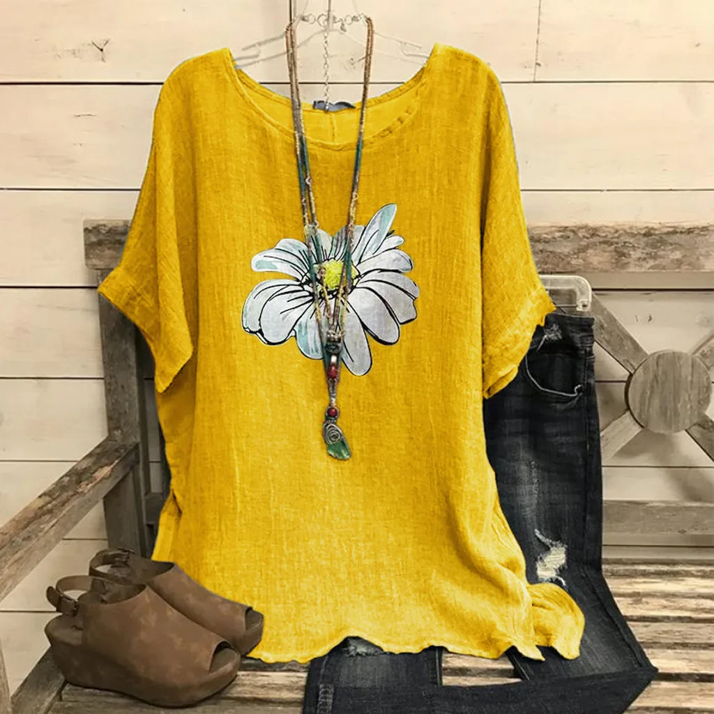 Женская винтажная блузка из смесовой хлопка с круглым вырезом и коротким рукавом