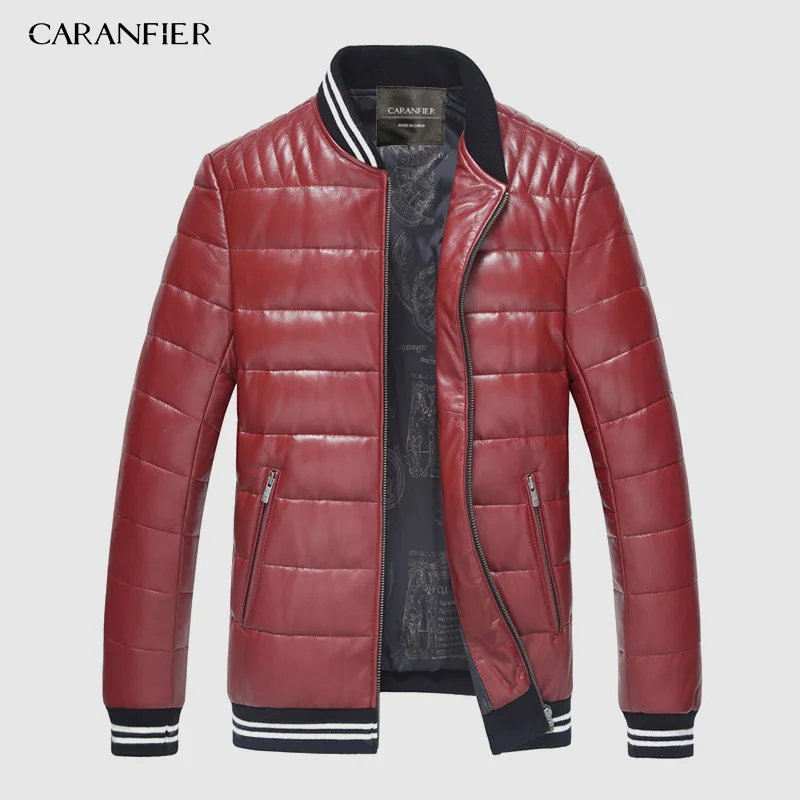CARANFIER мужской пуховик из натуральной кожи зимняя верхняя одежда черный/красный/тонкий/Простой деловой стиль/овчина/повседневное кожаное пальто - Цвет: dark red