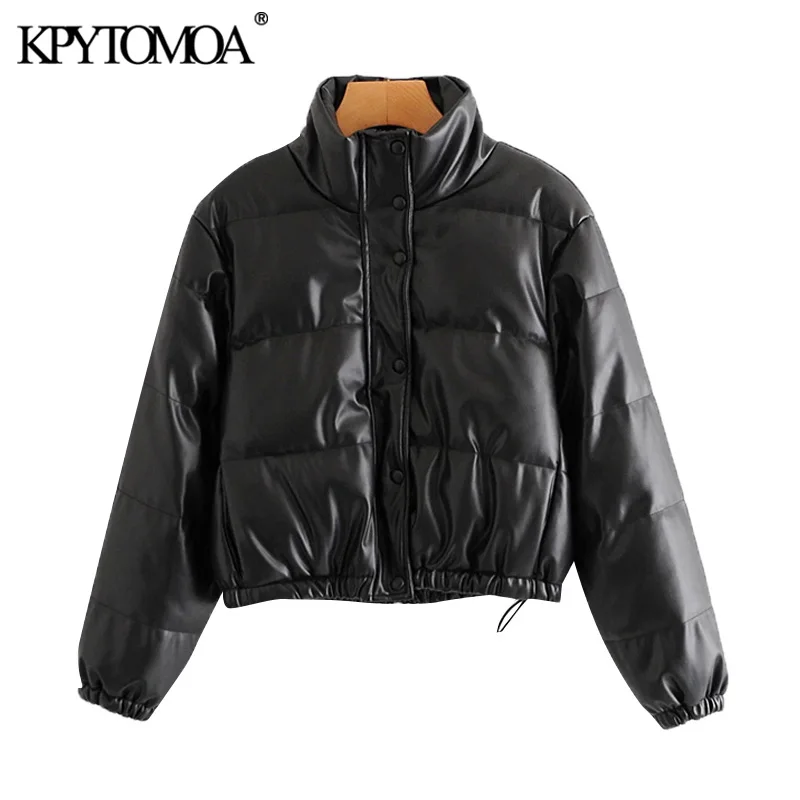 

KPYTOMOA Women Fashion Faux Leather Parkas Thick Warm Jacket Padded Coat Vintage Long Sleeve Pockets Female Outerwear Chic Tops