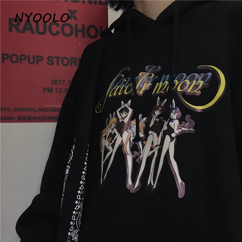 NYOOLO Harajuku мультфильм Сейлор Мун с буквенным принтом свободные теплые толстовки зимние уличные пуловеры с капюшоном флисовая Толстовка для женщин и мужчин